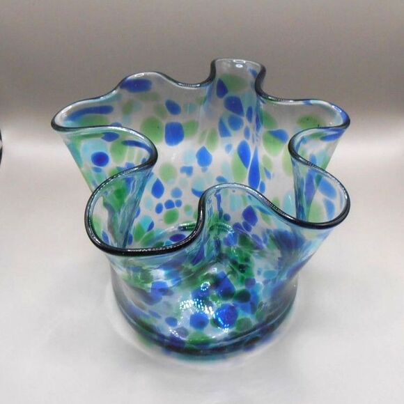Hand Blown Art Glass Ruffle Rim Bowl – Blue & Green – Made in Mexico – 3.5” Tall - Picture 2 of 4